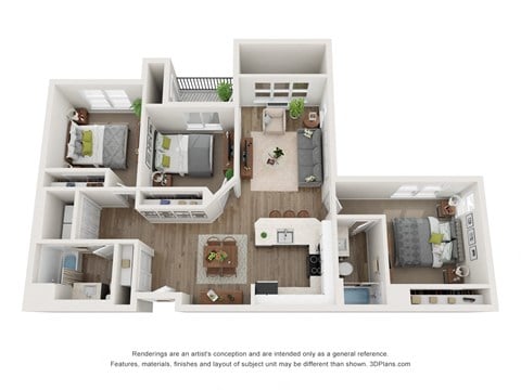 Floor plan for 3 beds, 2 baths, 1193 sqft